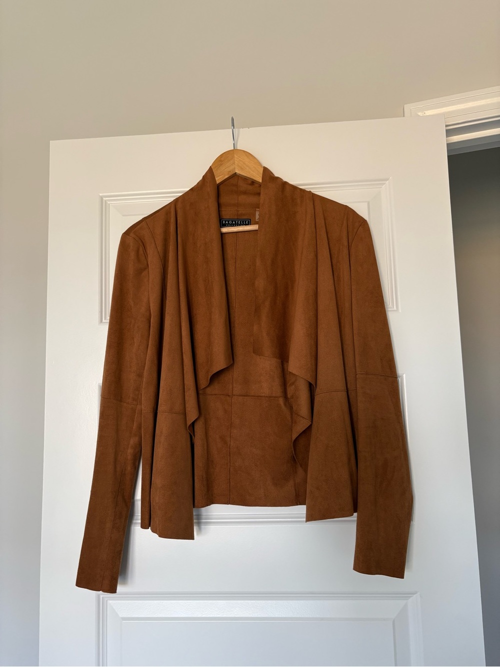 NWOT Bagatelle Brown Open Draped Faux Suede Jacket Size Medium Effortless Style